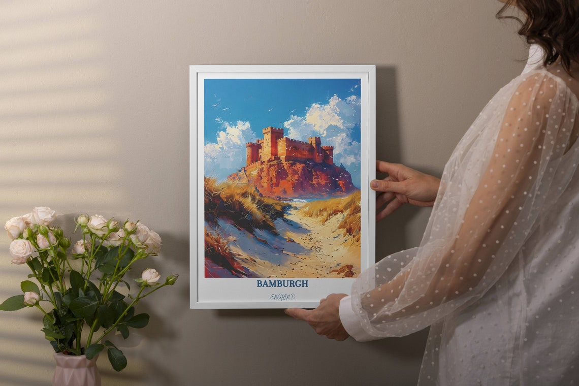 Bamburgh Castle on Red Cliffs Above Sandy Dunes Beach Poster - Image 4