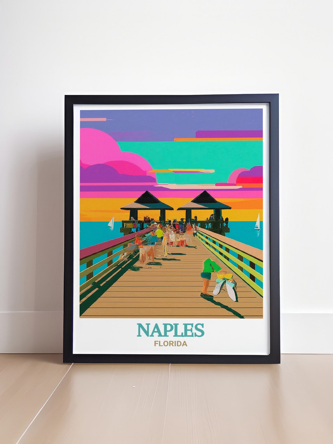 Naples Florida Pier Sunset Crowd Colorful Pop Art Beach Poster - Image 4