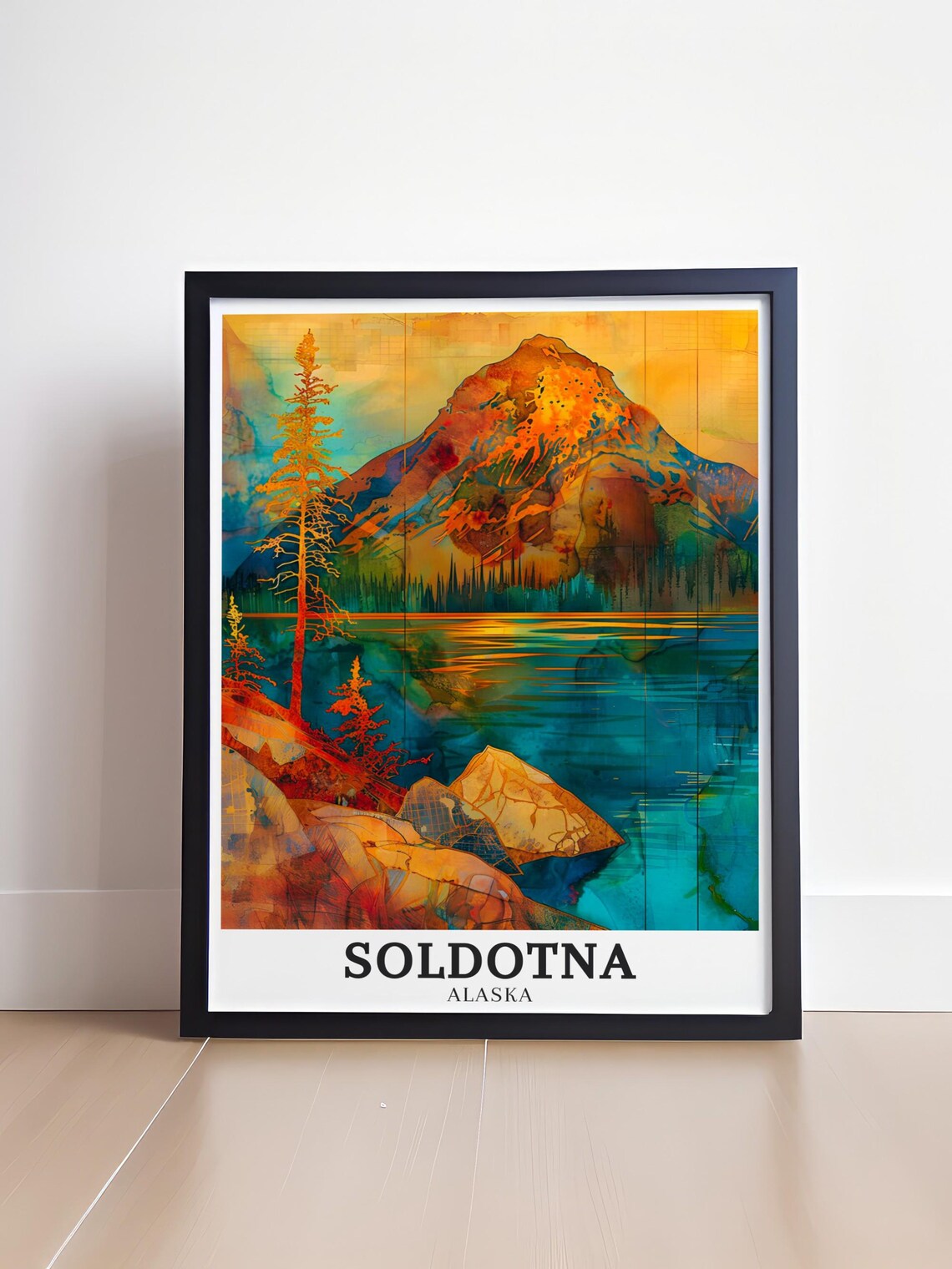 Soldotna Alaska Mountain Lake Pines Colorful Watercolor Travel Poster - Image 4