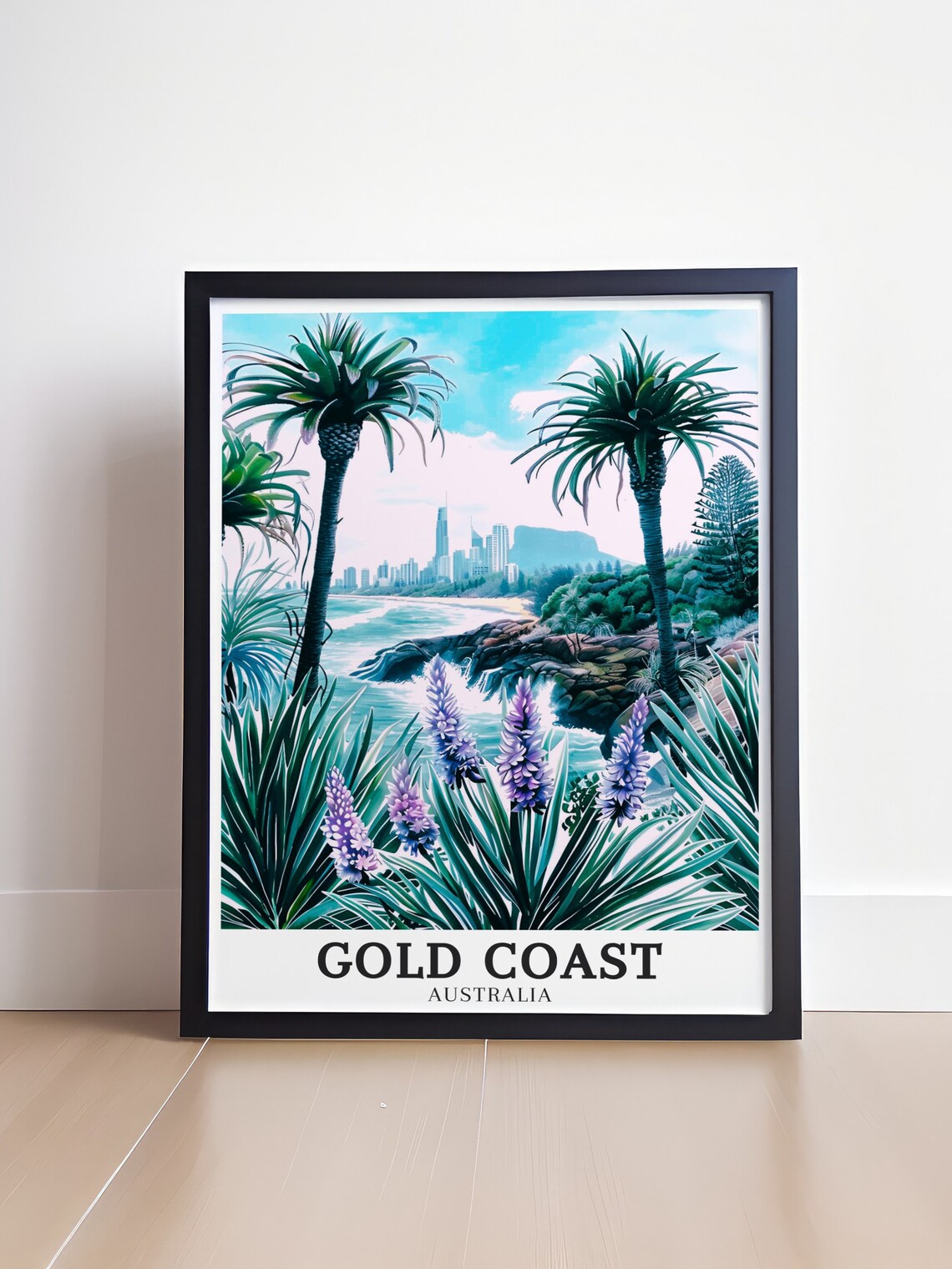 Gold Coast Australia Rocky Coastline Palms City Skyline Poster - Image 4