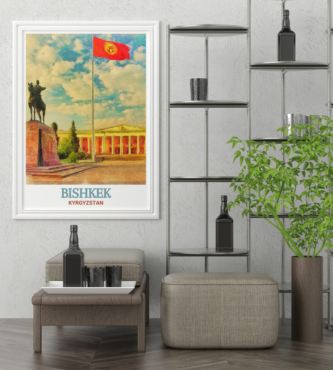 Bishkek Ala-Too Square Manas Statue and Waving Flag Art Poster - Image 2