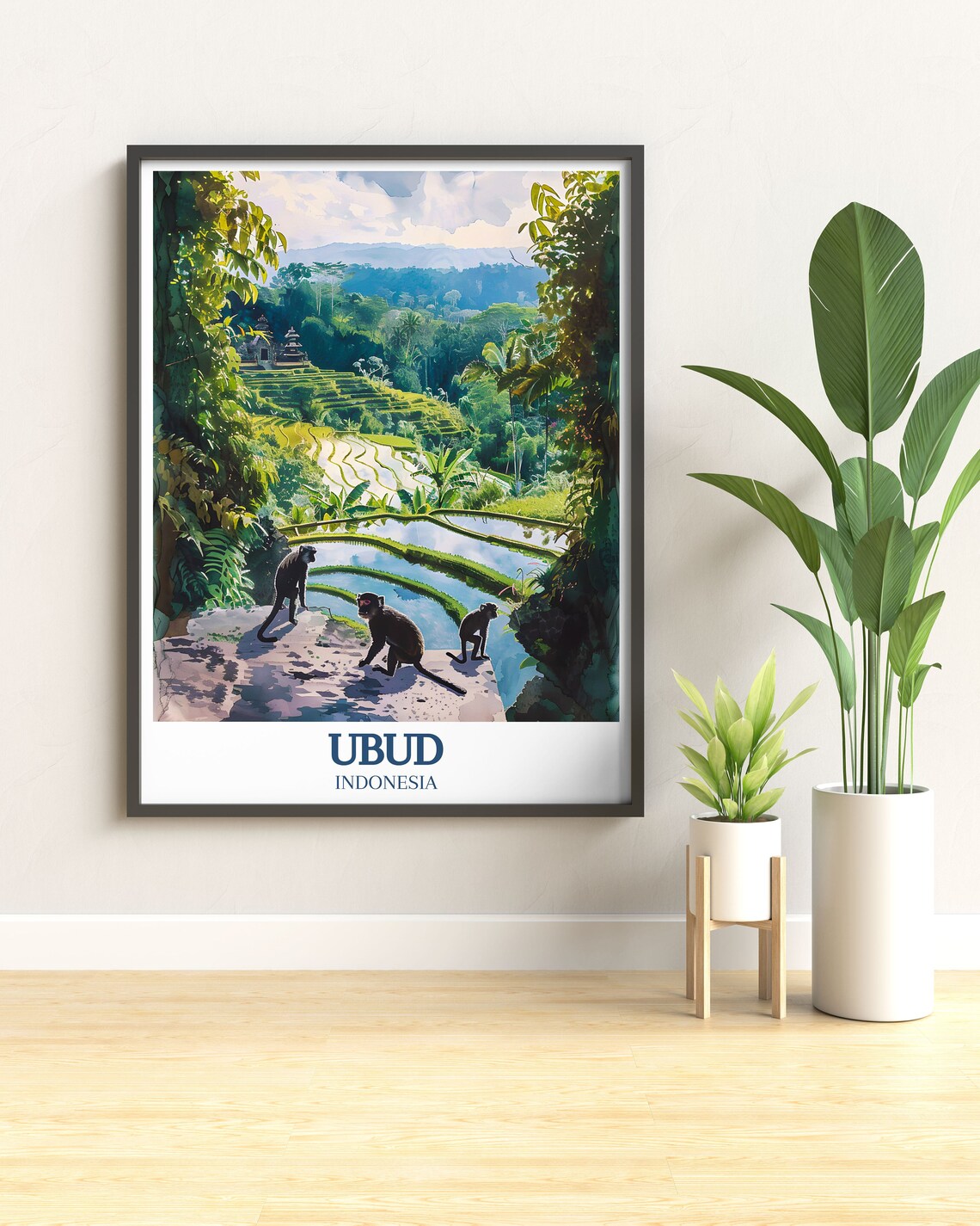 Ubud Monkeys Overlooking Rice Terraces Temple Bali Indonesia Poster - Image 2
