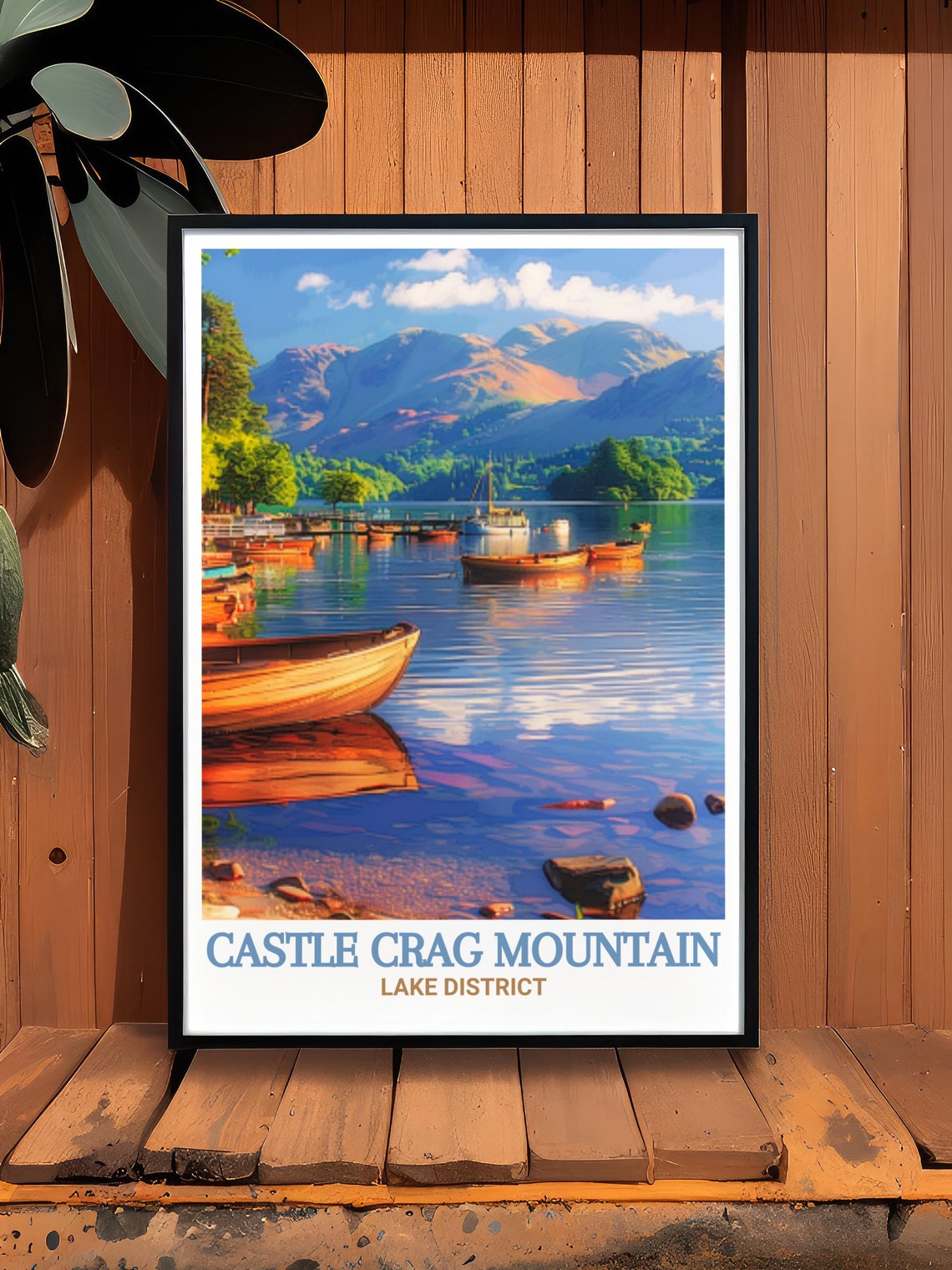 Castle Crag Mountain Derwentwater Lakeside Boats at Sunset Poster - Image 2