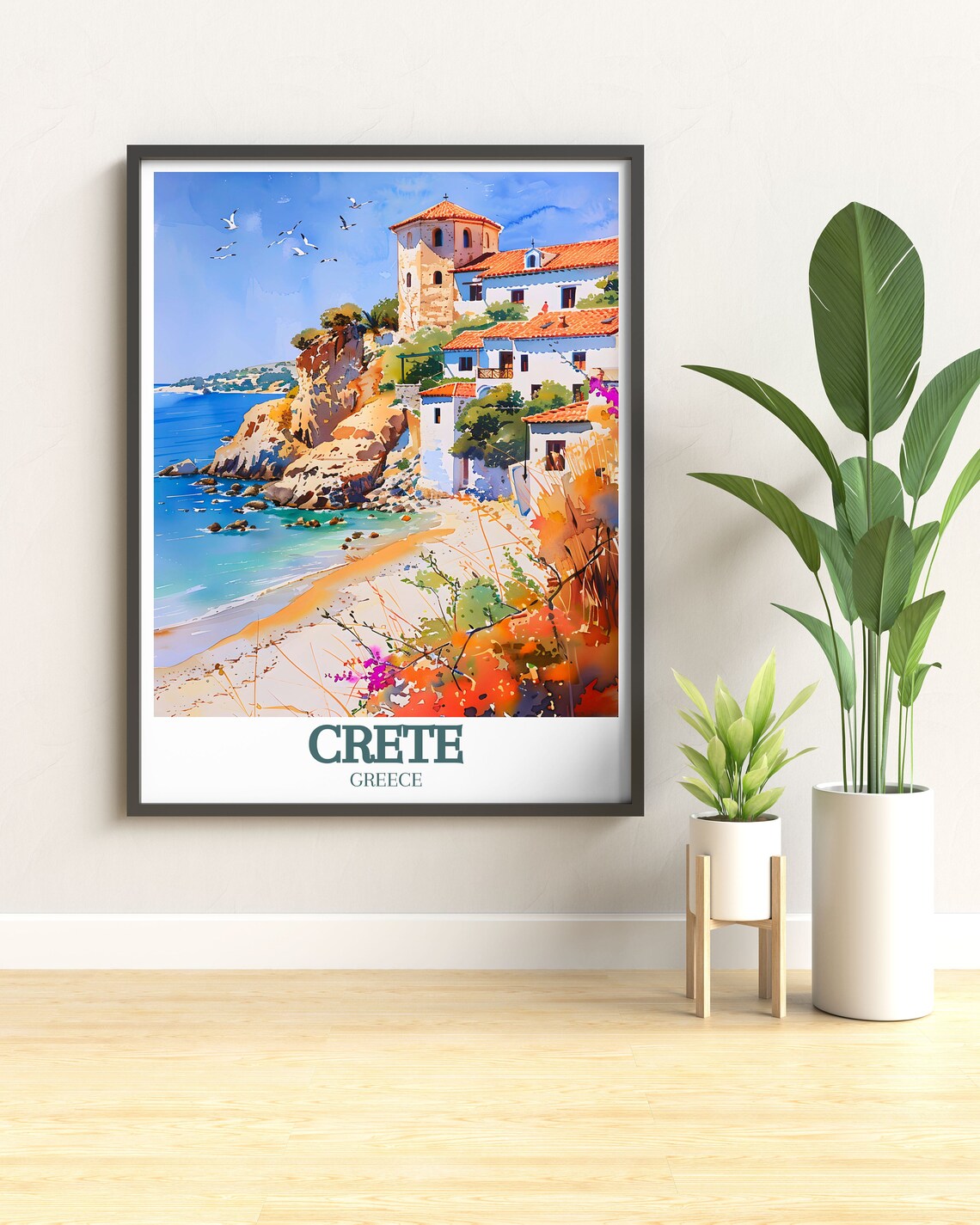 Crete Greece Cliffside Village Tower Beach Cove Travel Poster - Image 3