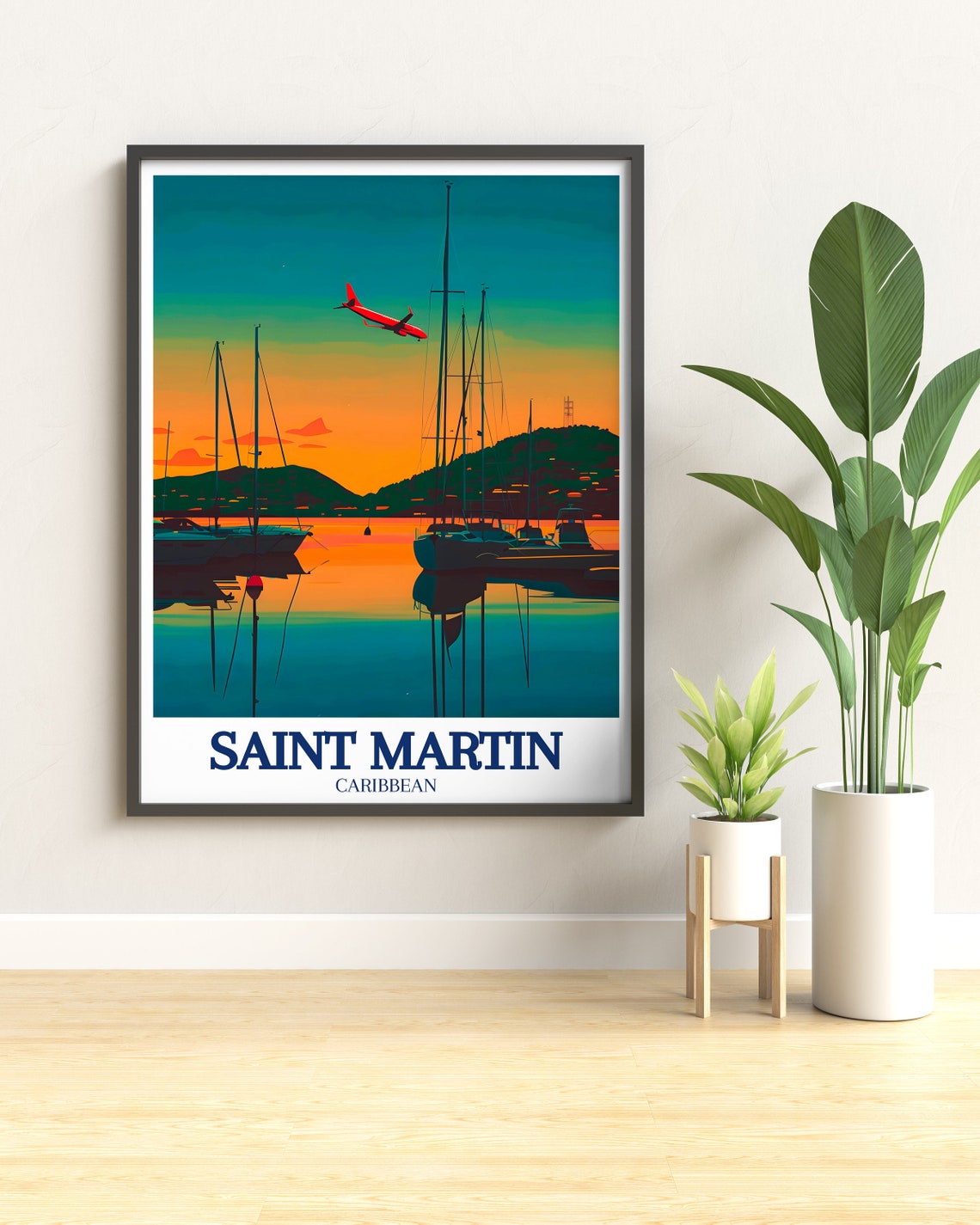 Saint Martin Caribbean Marina Sunset Sailboats Plane Retro Poster - Image 2