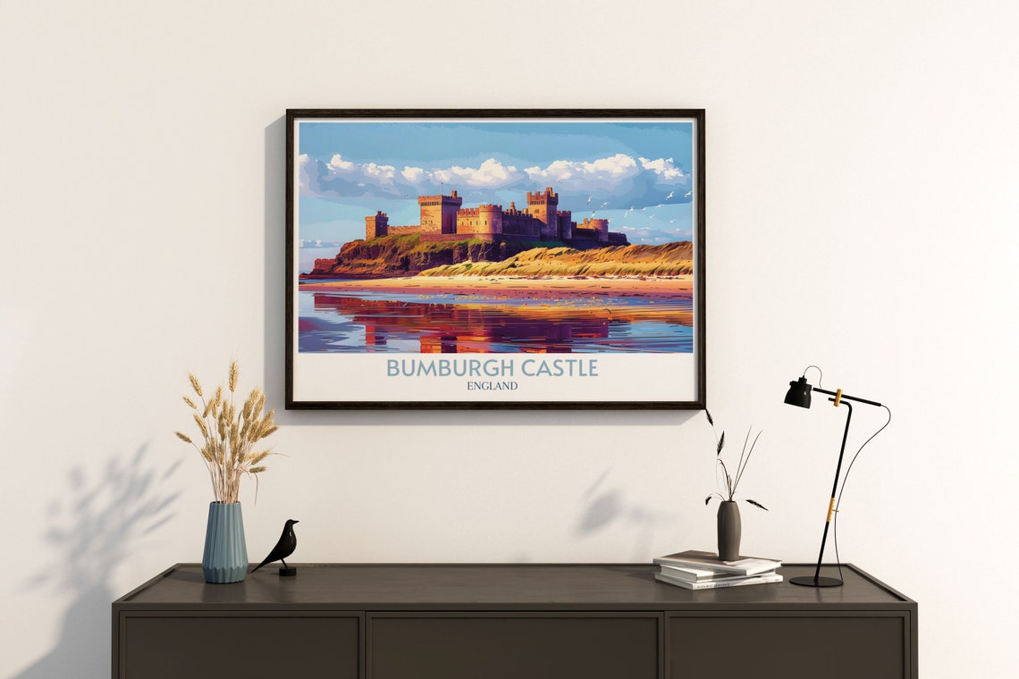 Bamburgh Castle England Sunset Reflection Coastal Waters Travel Poster - Image 2