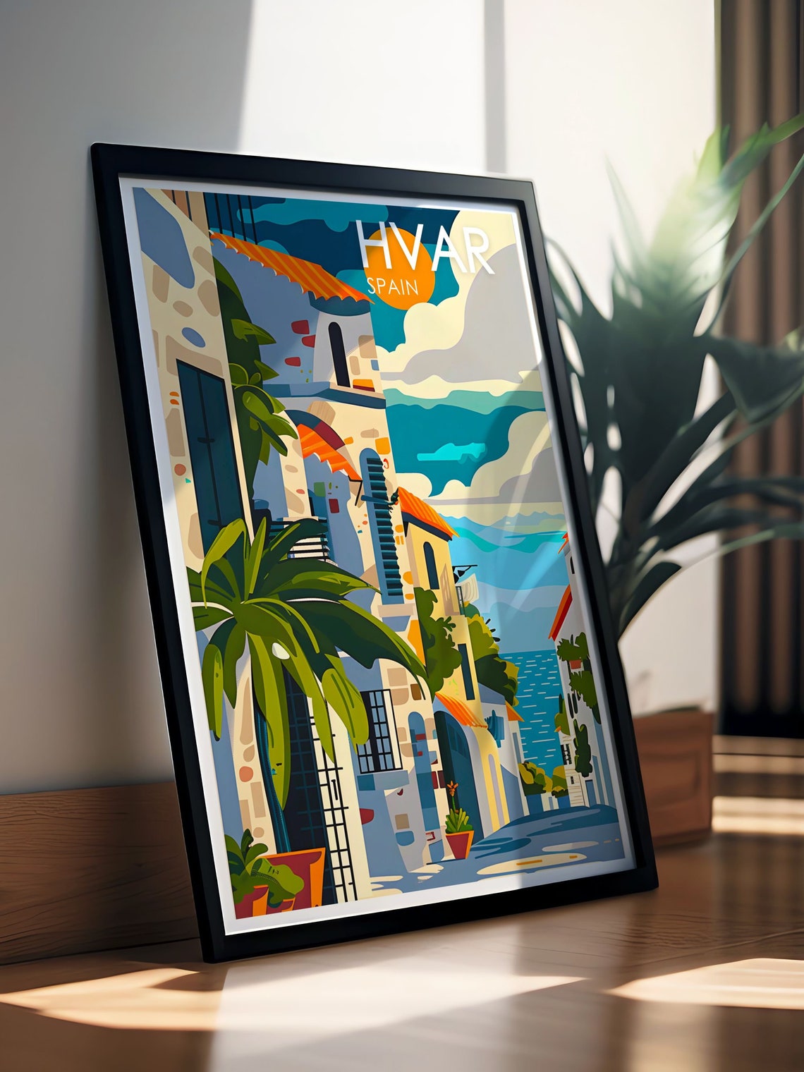 Hvar Mediterranean Old Town Street With Palms And Sea Poster - Image 3