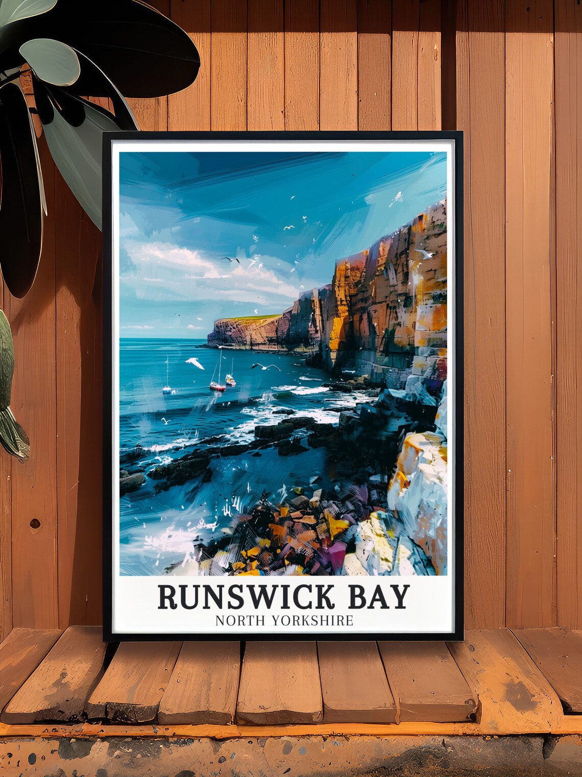 Runswick Bay North Yorkshire Rugged Cliffs Boats Gulls Travel Poster - Image 3