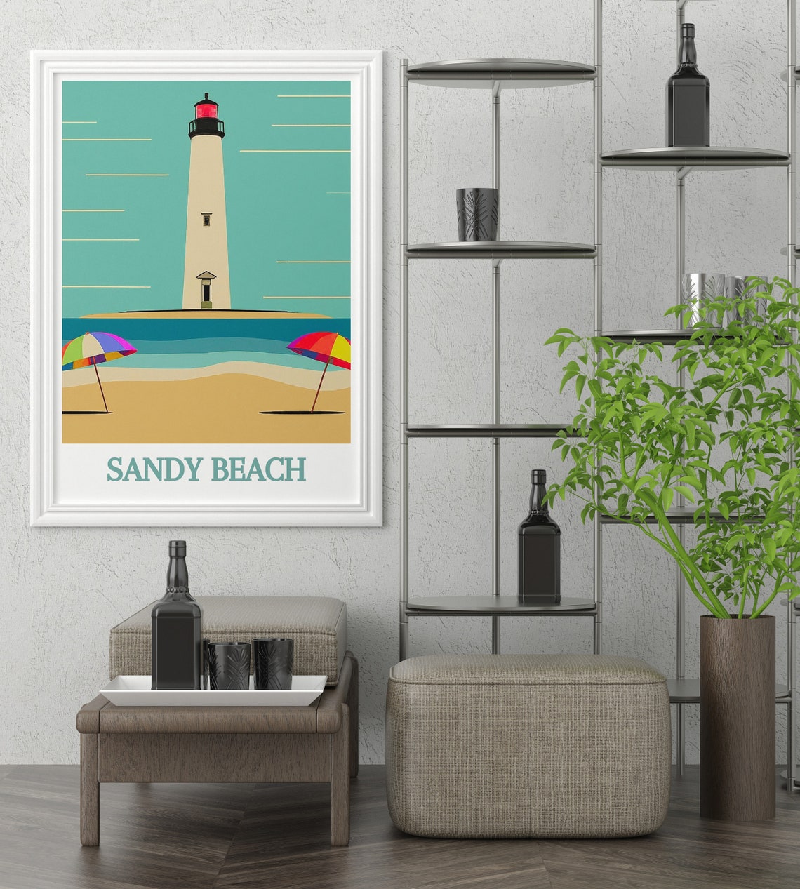 Sandy Beach Lighthouse Colorful Umbrellas Retro Coastal Poster - Image 3