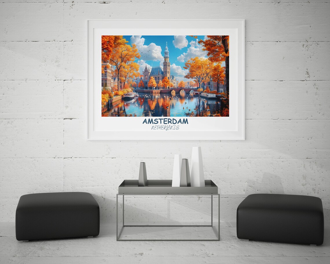 Amsterdam Netherlands Autumn Canal Bridge Fall Colors Travel Poster - Image 2