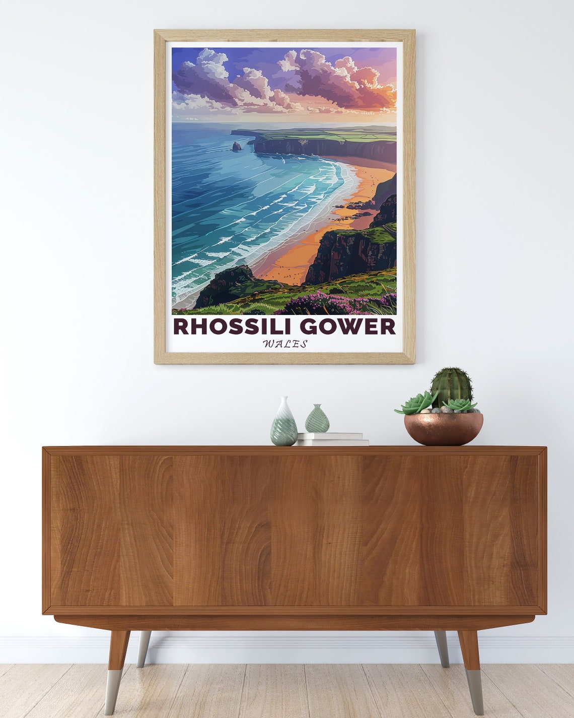 Rhossili Gower Wales Bay Sunset Golden Cliffs Surf Travel Poster - Image 2