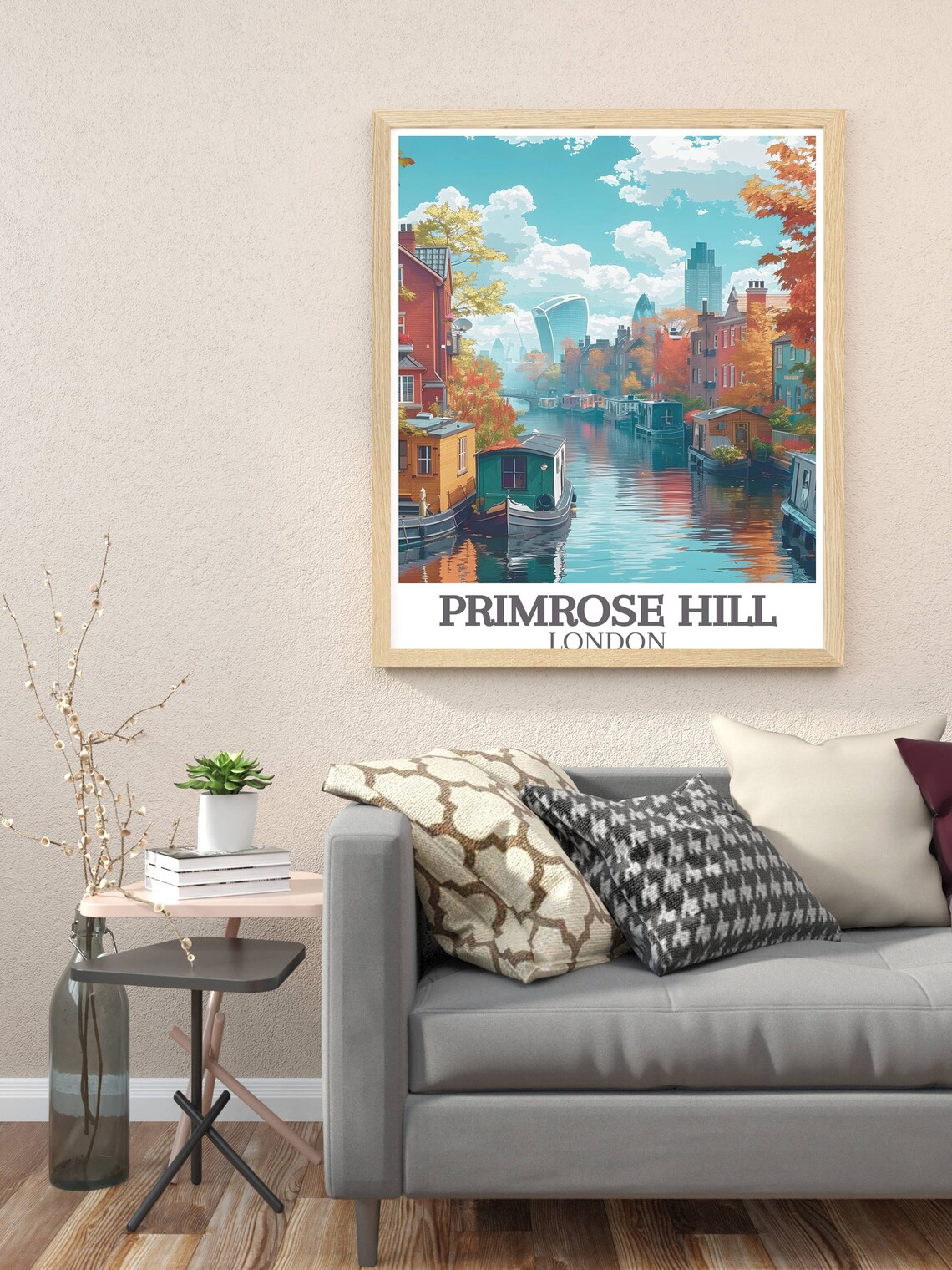 Primrose Hill London Canal Narrowboats And City Skyline Poster - Image 2