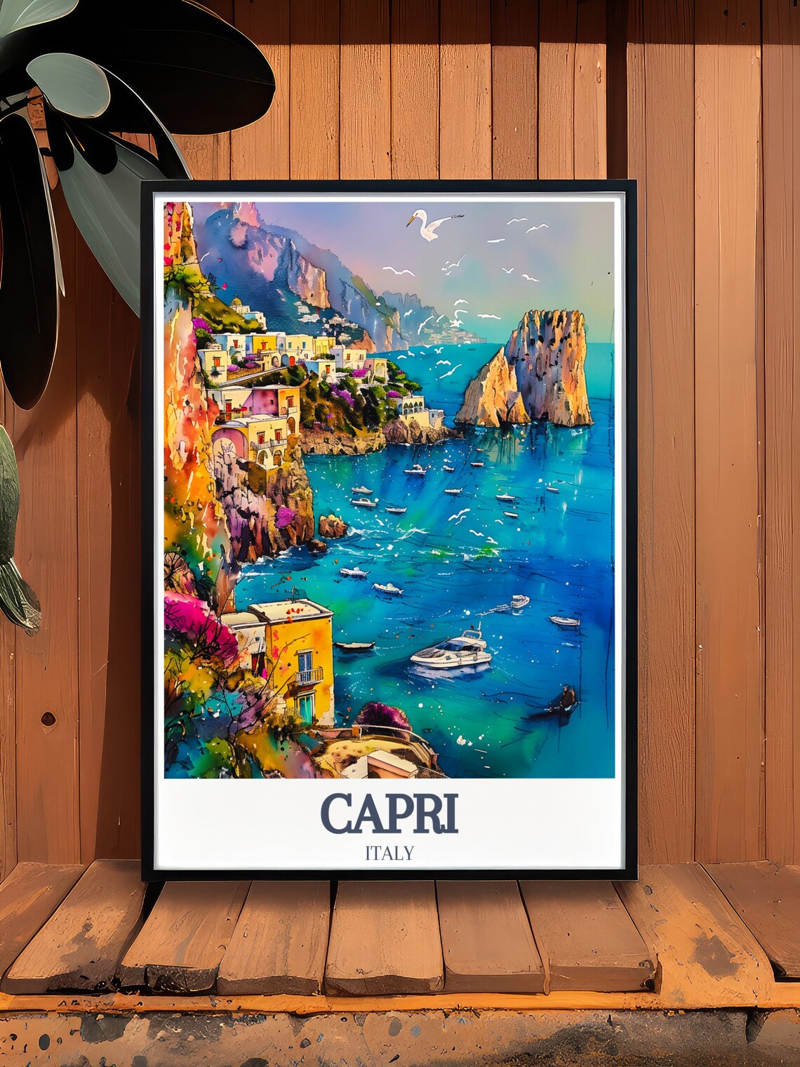 Capri Italy Marina Watercolor Boats Faraglioni Coast Travel Poster - Image 3