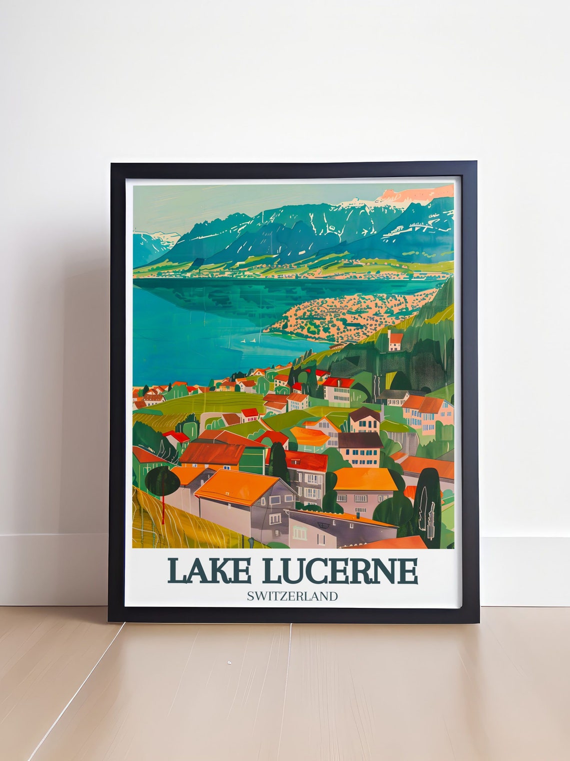 Lake Lucerne Hillside Chalets Alpine Peaks Lakeside View Poster - Image 4
