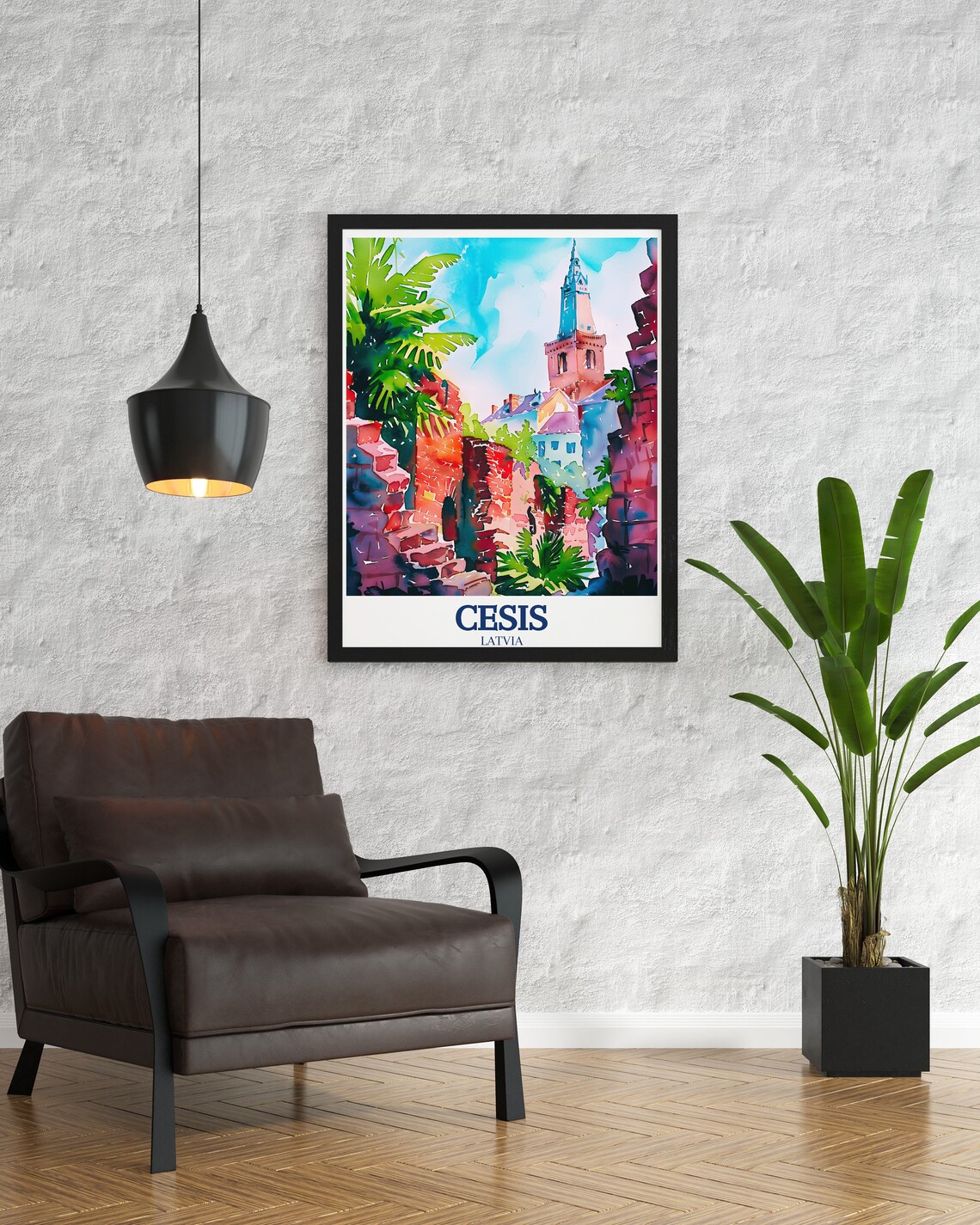 Cesis Latvia Castle Ruins Watercolor Church Tower Travel Poster - Image 3