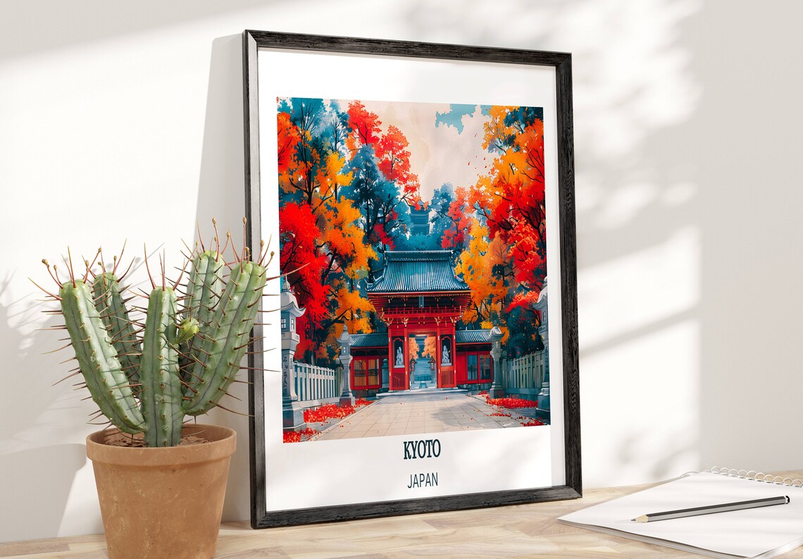 Kyoto Japan Autumn Traditional Temple Gate Red Maple Leaves Poster - Image 2