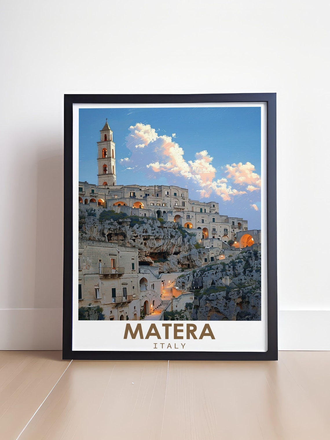 Matera Italy Sassi Cliffside Old Town Bell Tower Sunset Travel Poster - Image 4