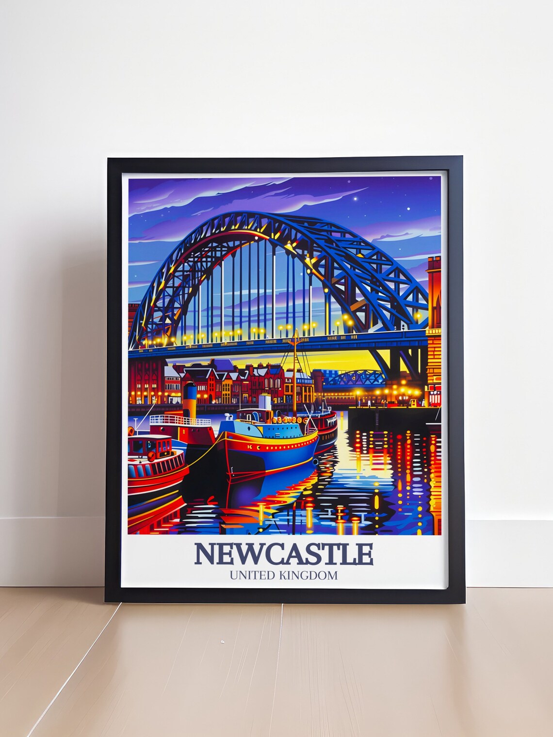 Newcastle Tyne Bridge Night City Lights River Boats Travel Poster - Image 4
