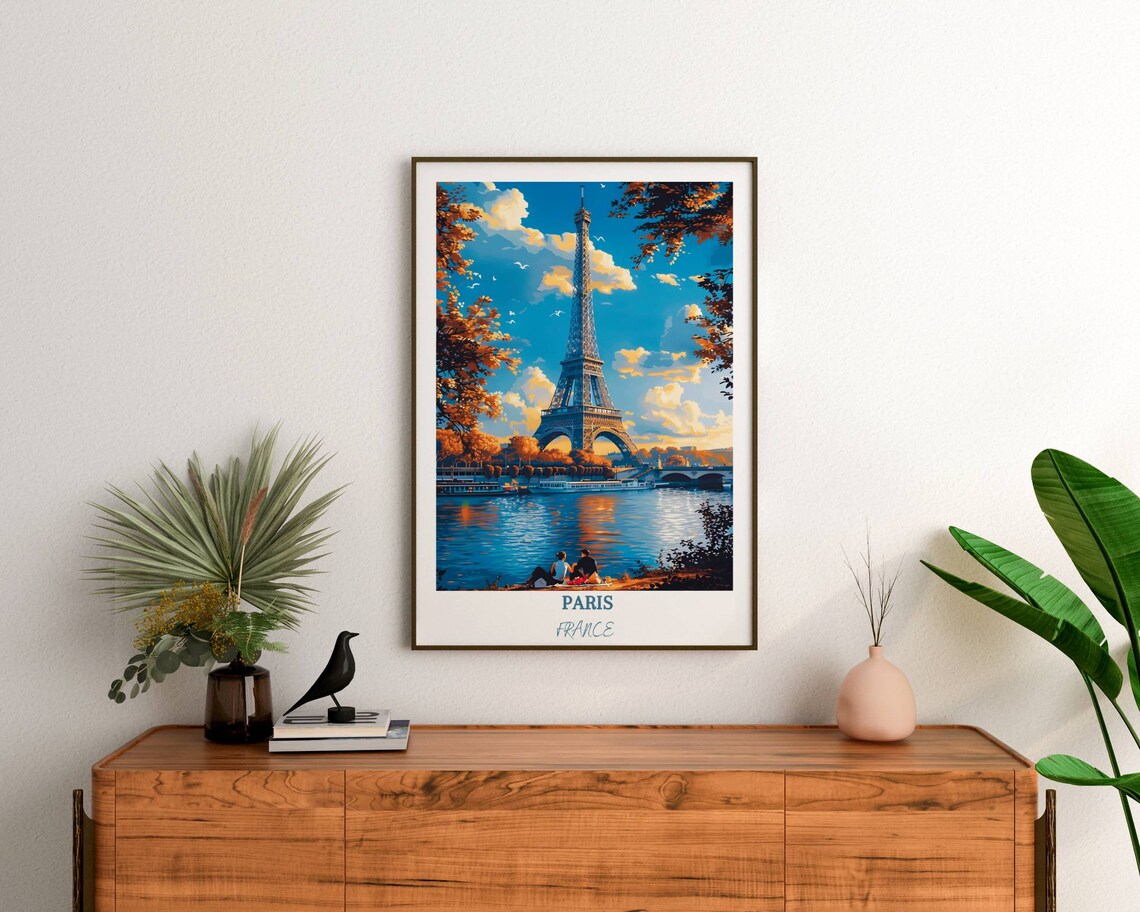 Eiffel Tower Seine River Sunset Couple Picnic Paris Travel Poster - Image 2