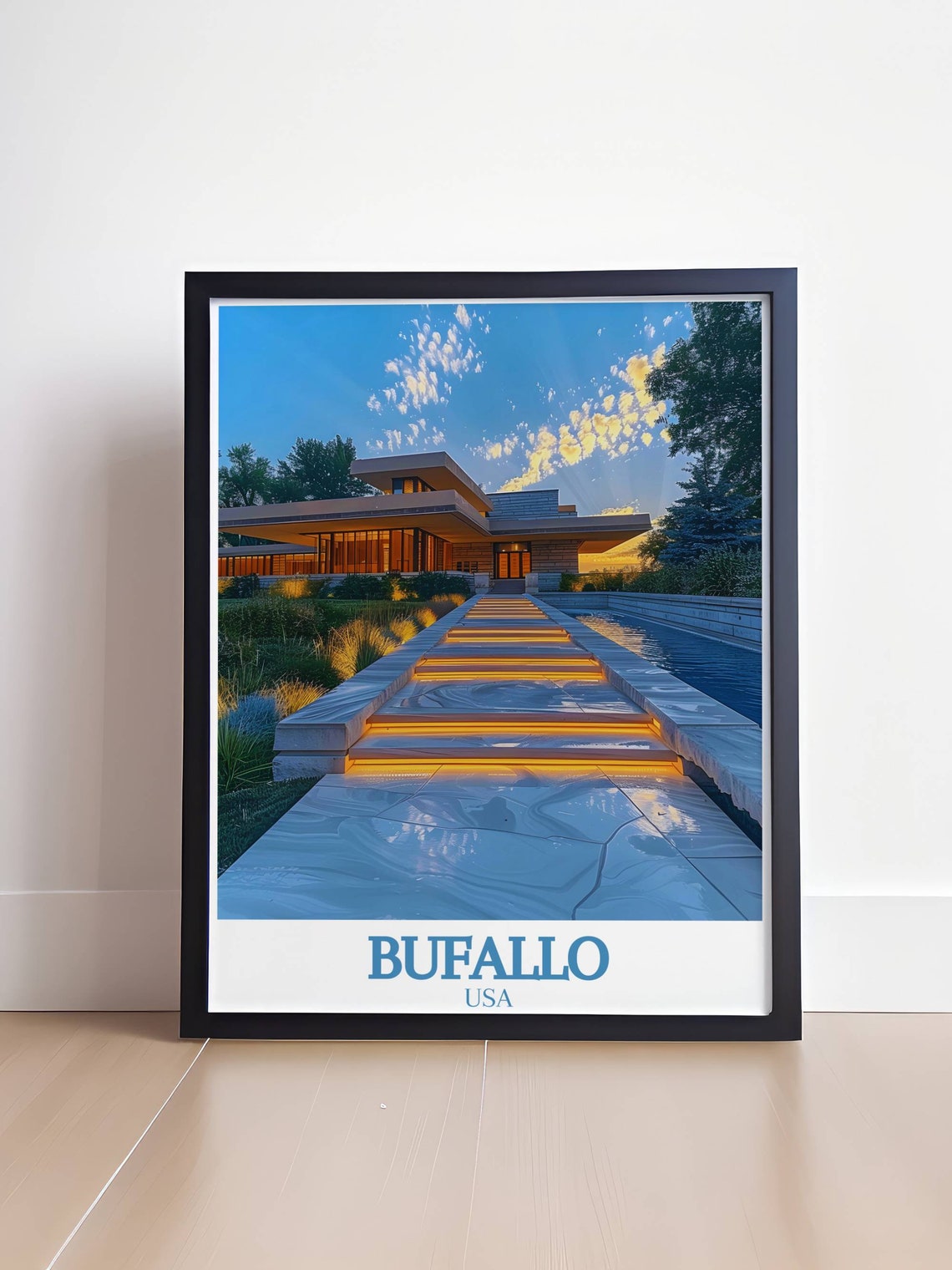 Buffalo USA Wright Style House Glowing Warmly At Dusk Poster - Image 4