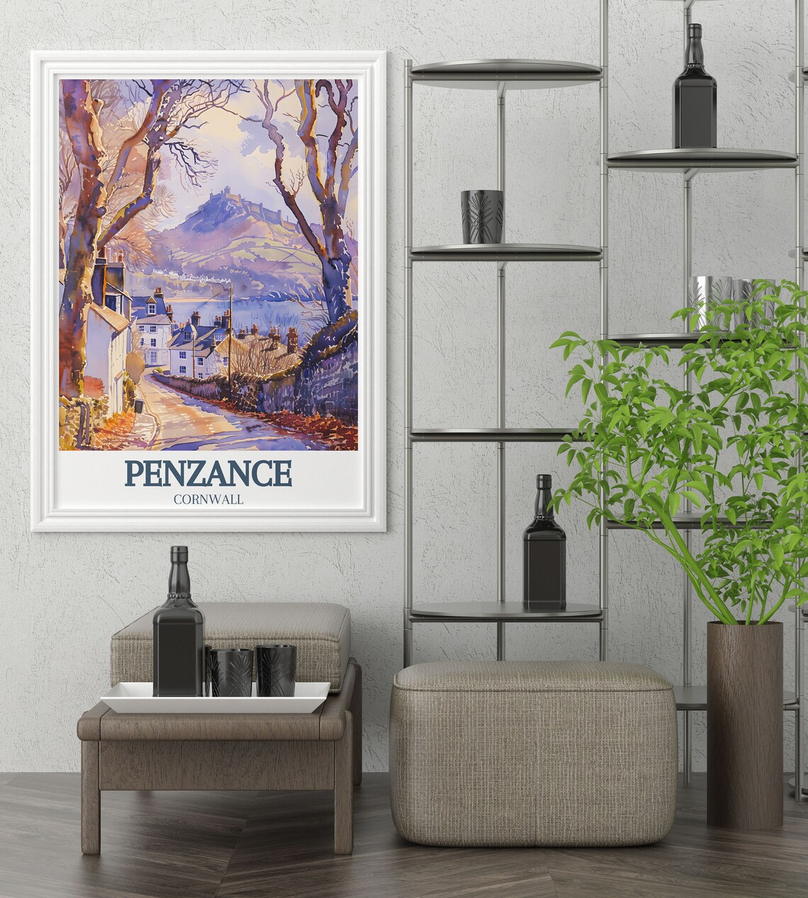 Penzance Cornwall Autumn Lane Cottages Down to Mounts Bay Poster - Image 3