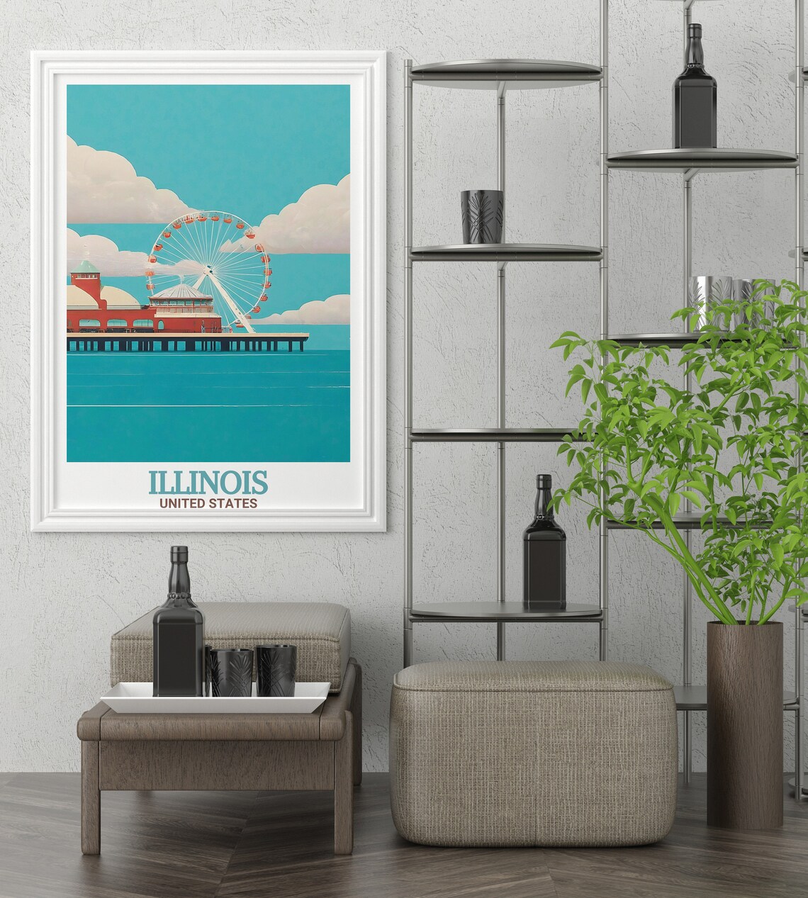 Illinois Chicago Navy Pier Ferris Wheel Retro Waterfront Poster - Image 3