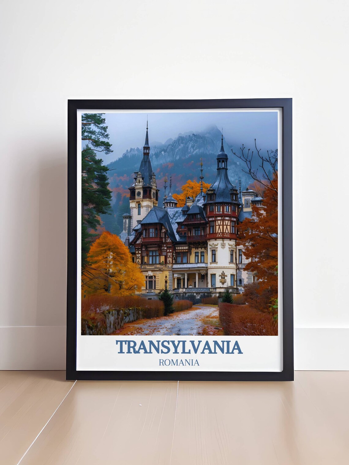 Transylvania Romania Travel Poster Peles Castle in Autumn View - Image 4