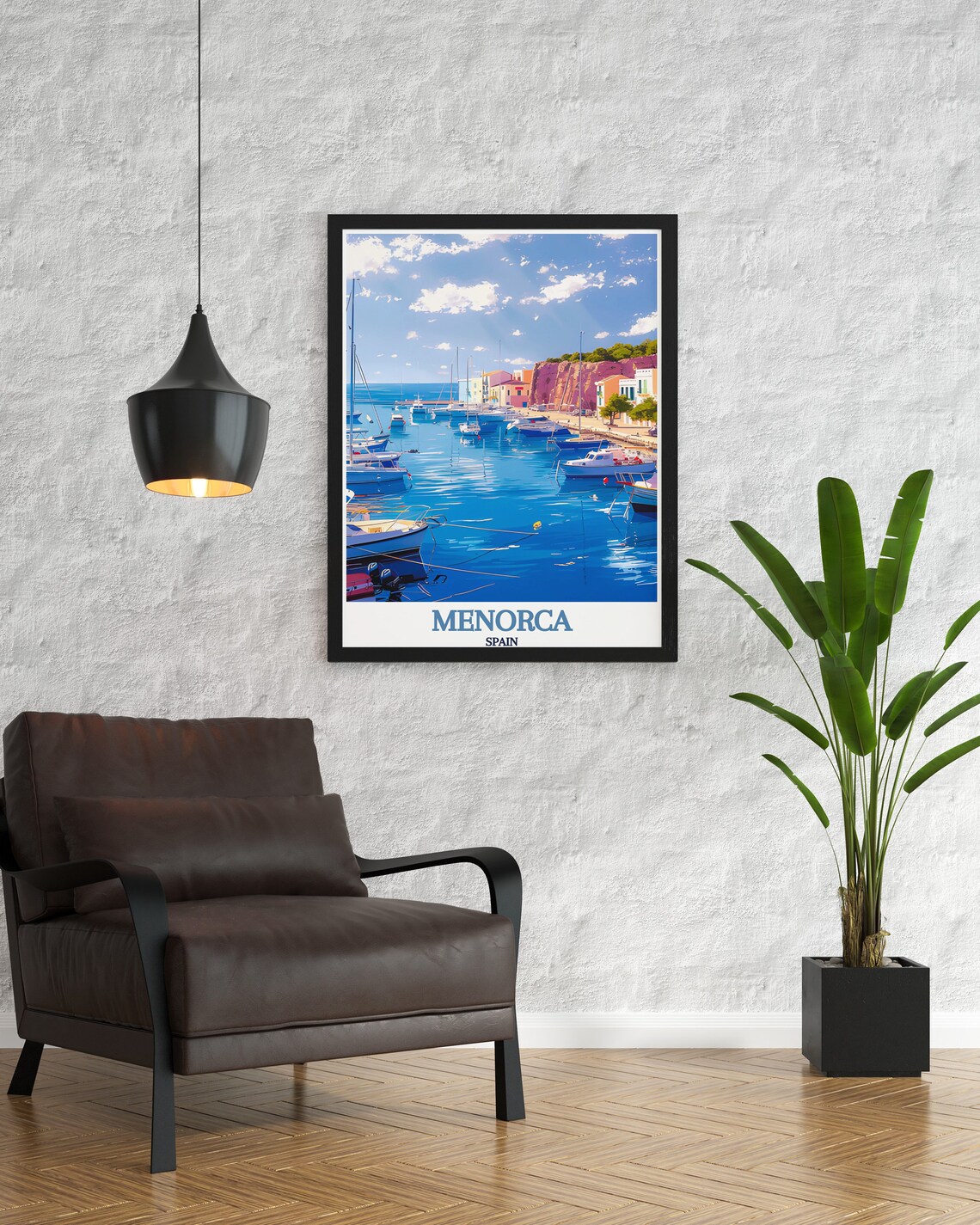 Menorca Harbor Marina Blue Water Boats Sun Travel Art Poster - Image 2
