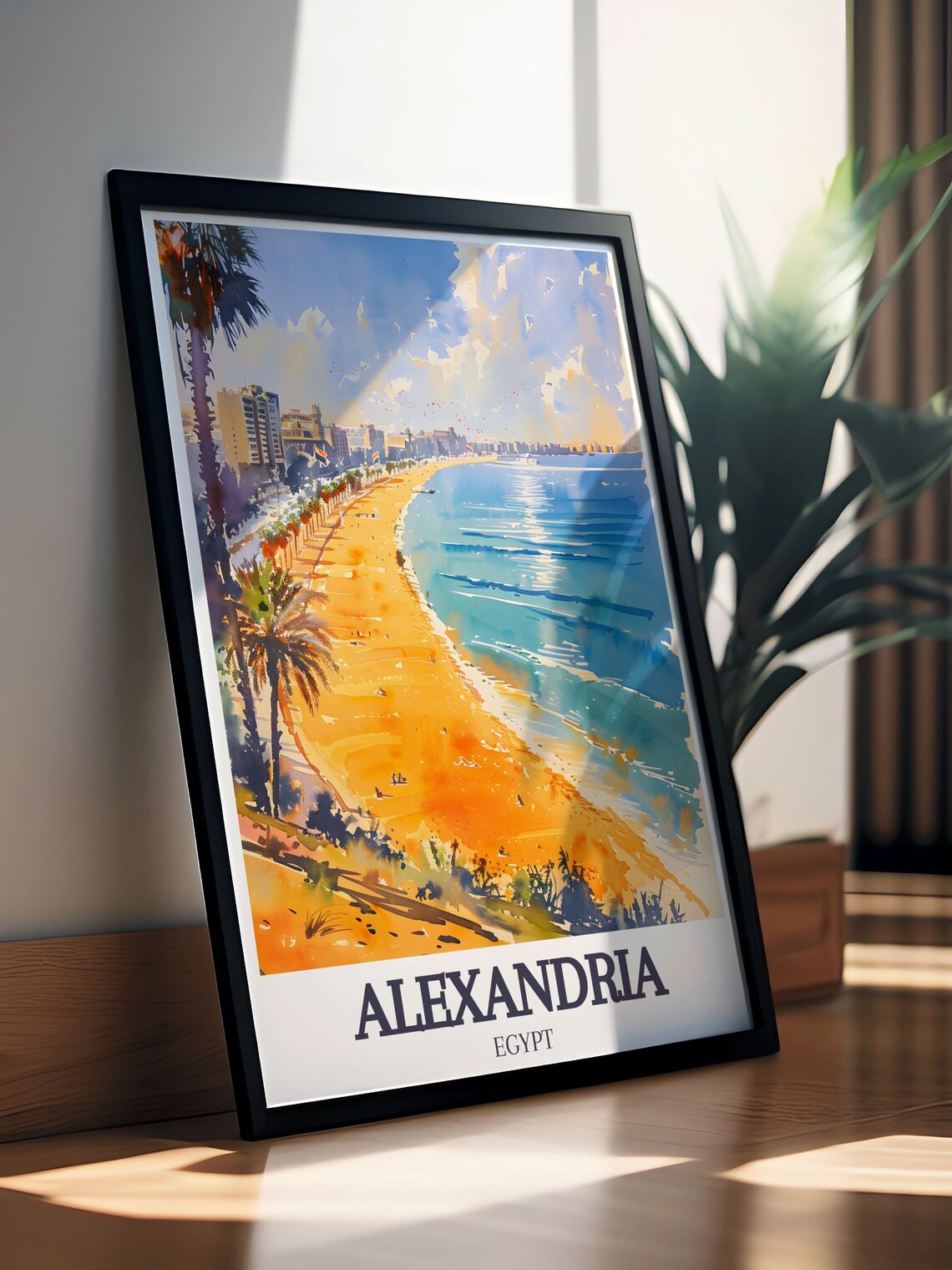 Alexandria Egypt Stanley Beach Mediterranean Watercolor Travel Poster - Image 3
