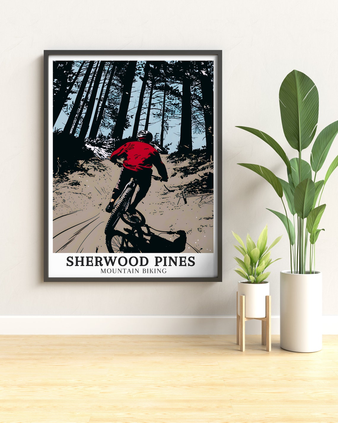 Sherwood Pines Mountain Biker Red Jacket Forest Trail Graphic Poster - Image 3