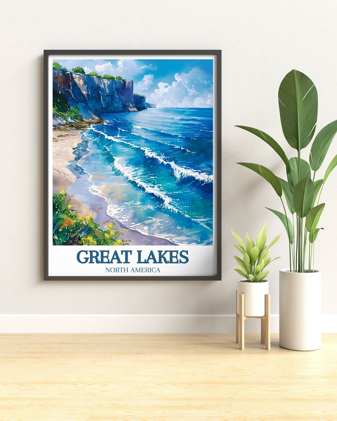Great Lakes North America Rolling Waves Rocky Cliffs Travel Poster - Image 2