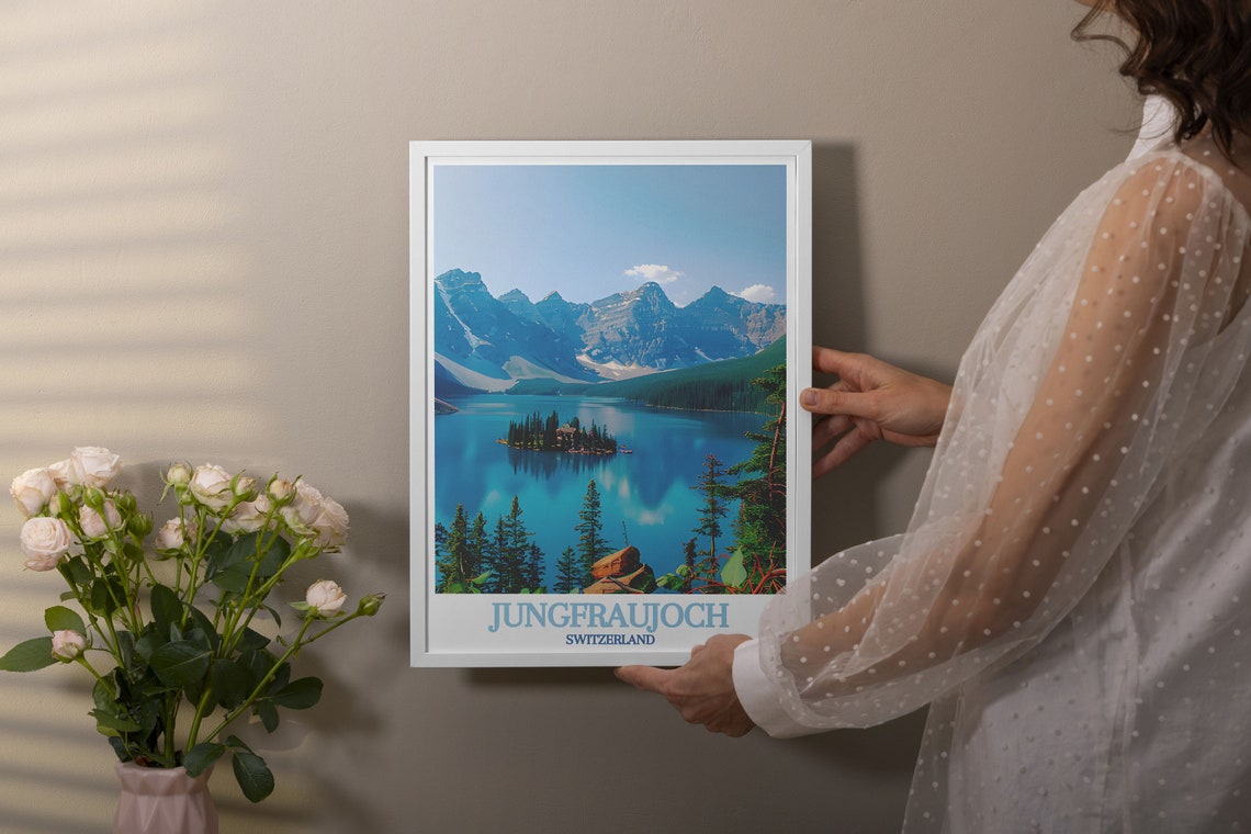 Turquoise Alpine Mountain Lake Pine Island Peak Scenery Travel Poster - Image 3