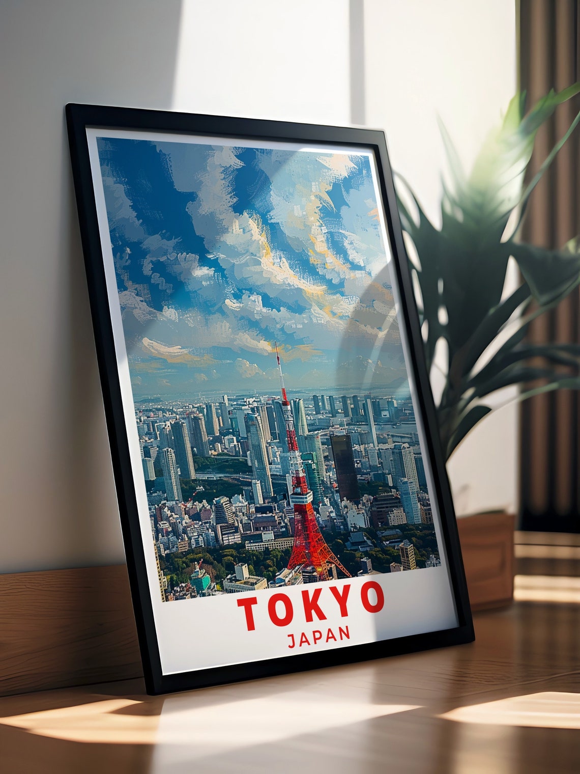 Tokyo Japan Red Tokyo Tower Under Sweeping Painted Clouds Poster - Image 3