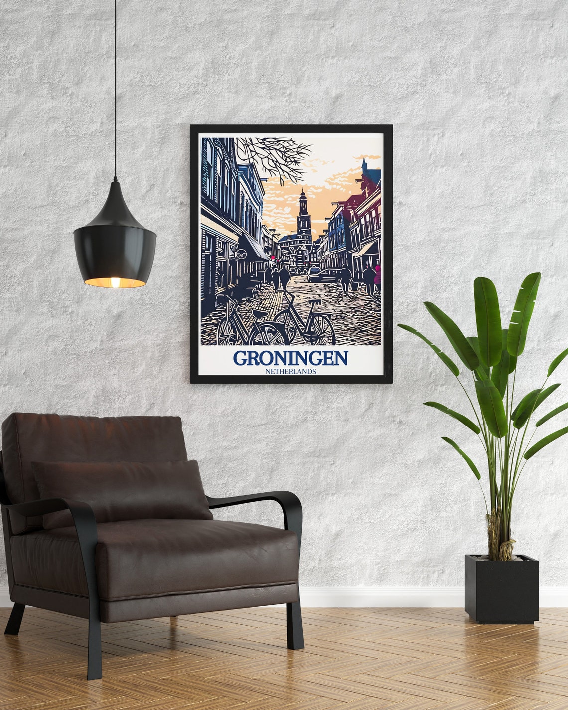 Groningen Cobblestone Street Bikes Linocut Style Netherlands Poster - Image 3