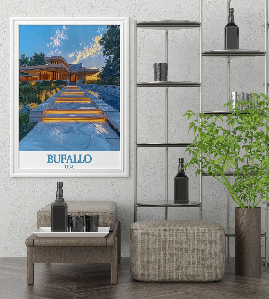 Buffalo USA Wright Style House Glowing Warmly At Dusk Poster - Image 2