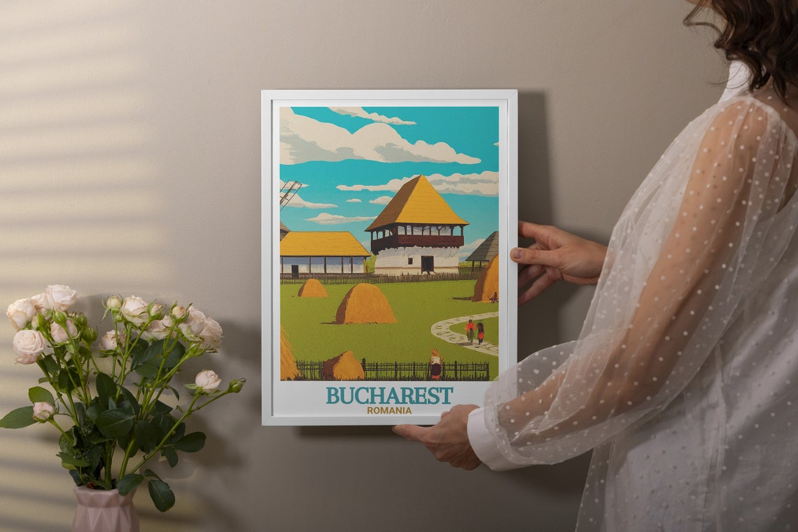 Bucharest Romania Village Museum Wooden Houses Haystacks Poster - Image 2