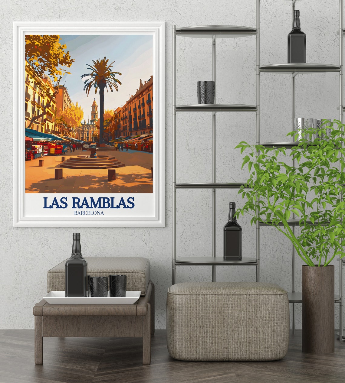 Las Ramblas Barcelona Sunlit Plaza Fountain Market Retro Poster - Image 3