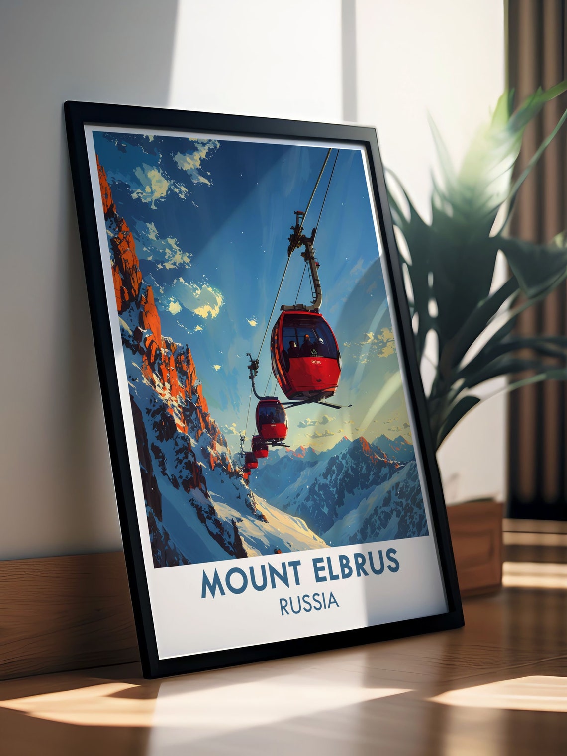 Mount Elbrus Red Cable Cars Floating Above Snowy Peaks Russia Poster - Image 2