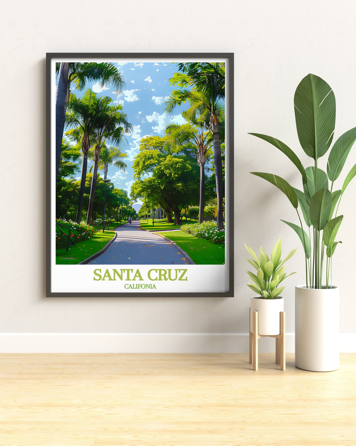 Sunny Santa Cruz Califonia Spelled Palm Tree Avenue Path Poster - Image 3