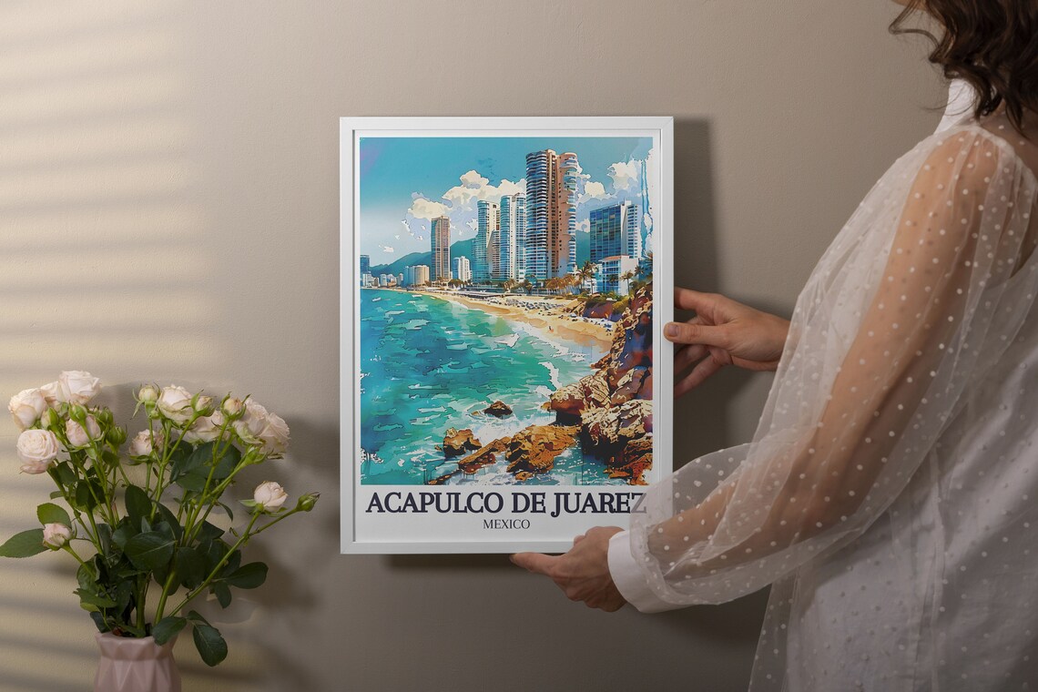 Acapulco Mexico Watercolor Rocky Coast Towers Retro Travel Poster - Image 3