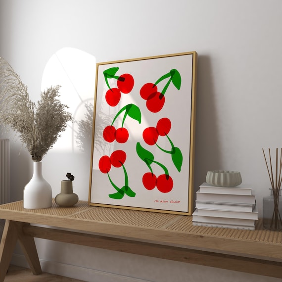 Red Cherry Pattern Minimalist Retro Fruit Kitchen Wall Poster