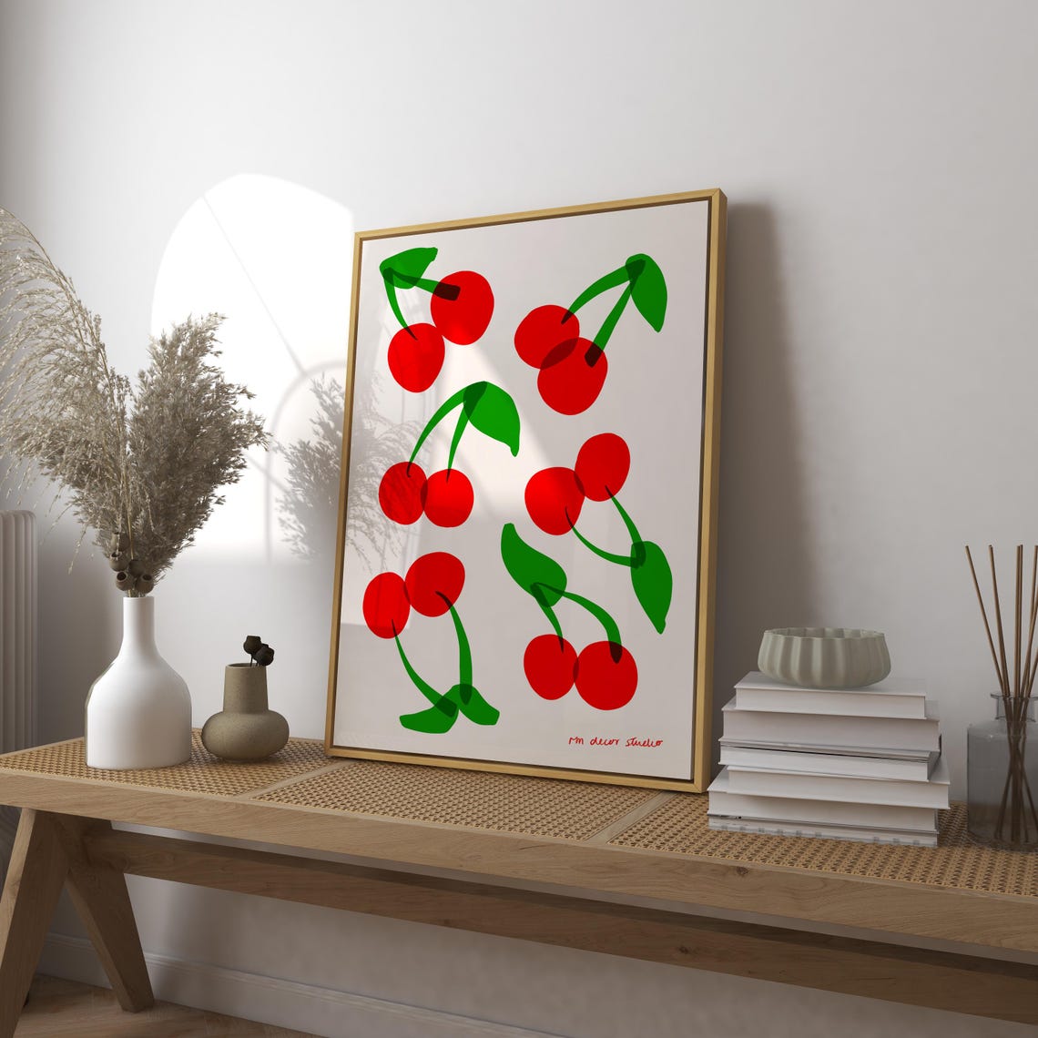 Red Cherry Pattern Minimalist Retro Fruit Kitchen Wall Poster