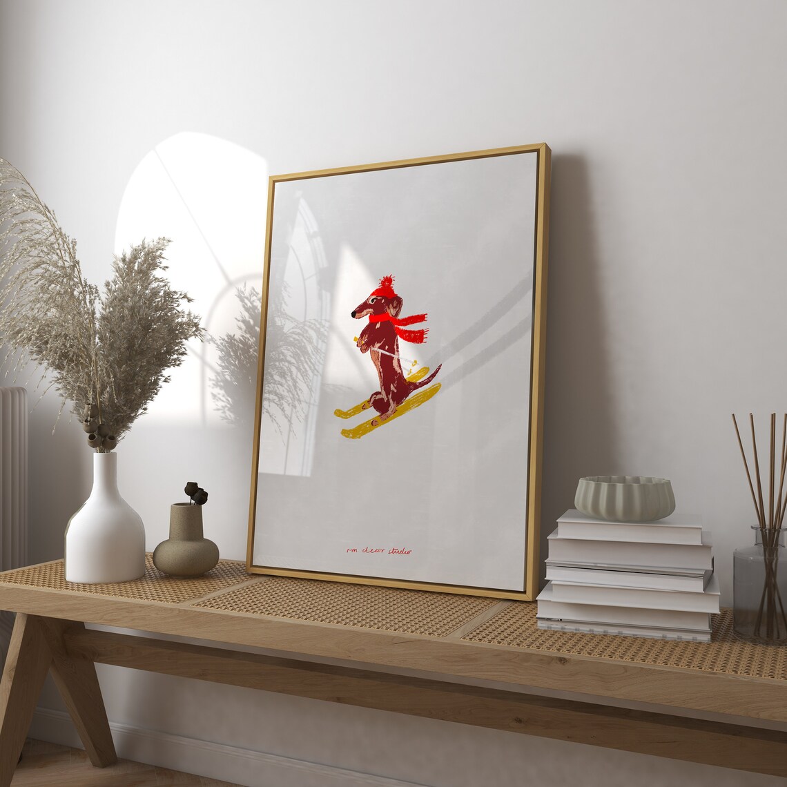 Skiing Sausage Dog Vintage Mid-Century Art Print