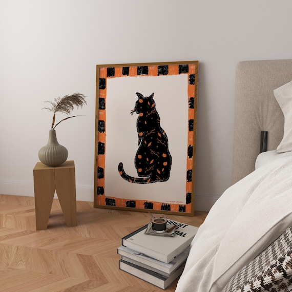 Halloween Cat Silhouette Print Poster Horror Vintage Trendy Retro Illustration Mid Century Modern Kitchen Wall Art