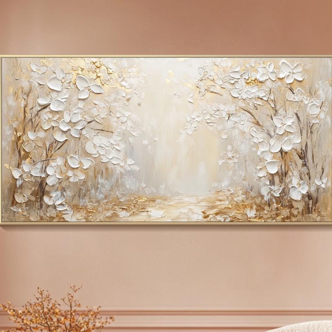White Blossoms Gold 3D Textured Floral Abstract Oil Painting Wall Art