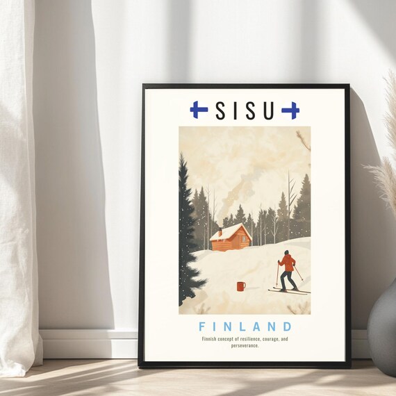 Sisu Finland Ski Cabin Art Print, Nordic Winter