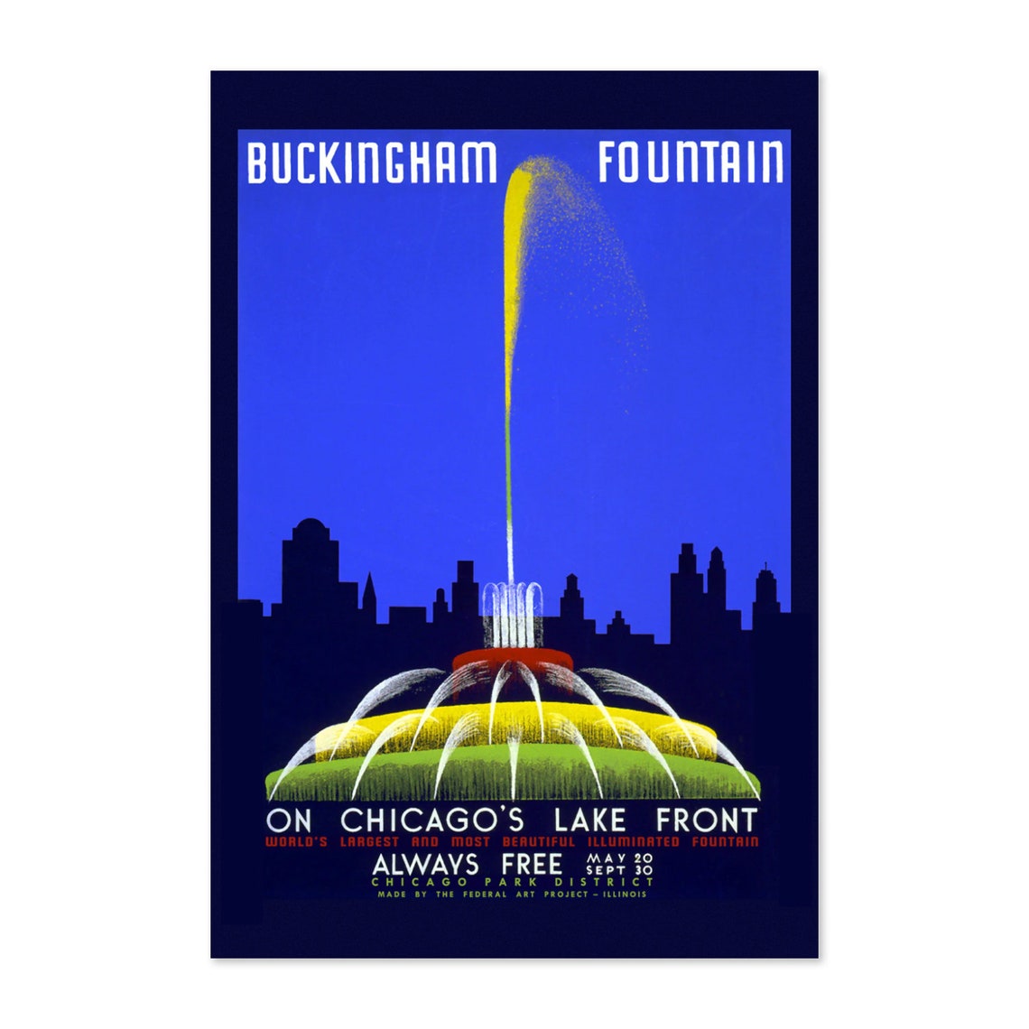 Buckingham Fountain Chicago Lakefront Night Lights WPA Vintage Poster