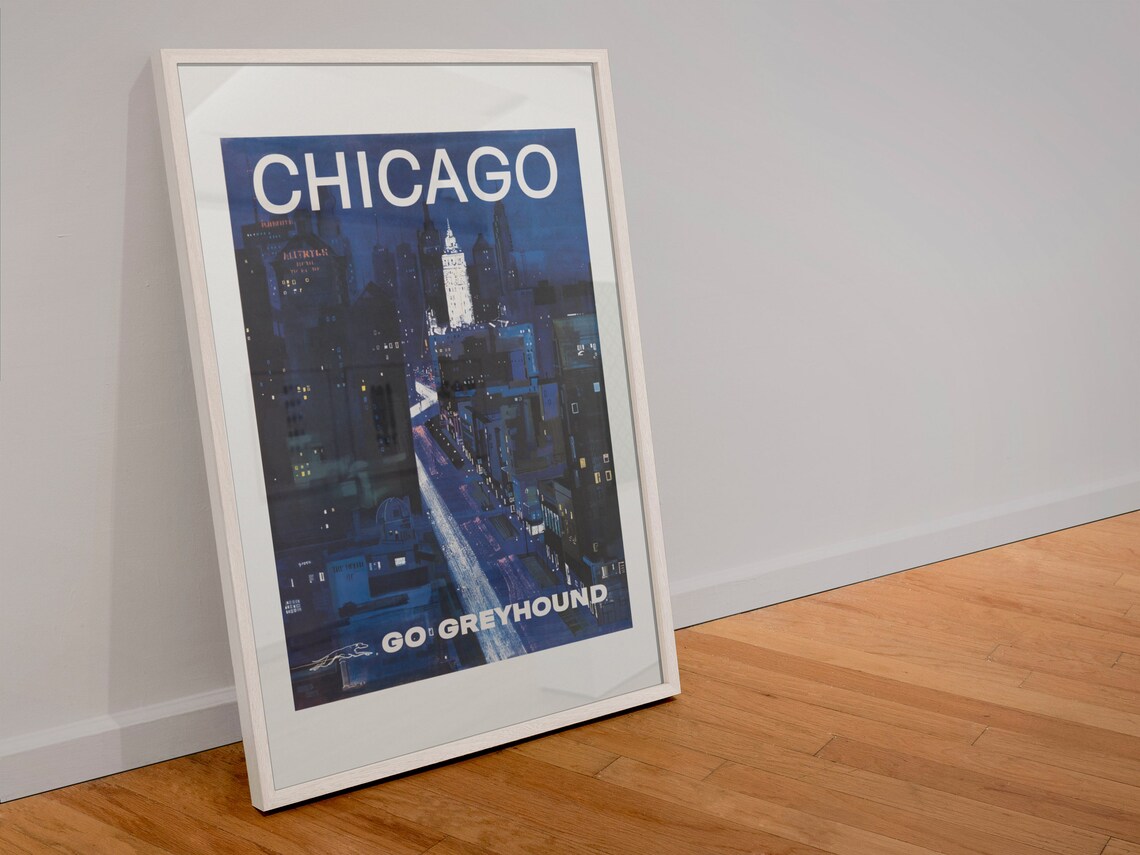 Chicago Go Greyhound Night Skyline Vintage Bus Travel Poster - Image 4