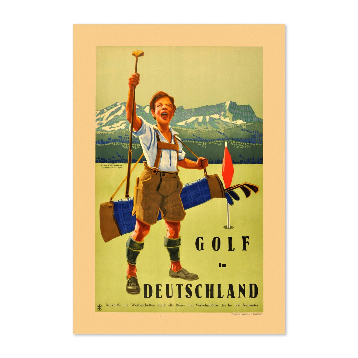 Golf In Deutschland Alps Bavarian Caddie Vintage Travel Poster