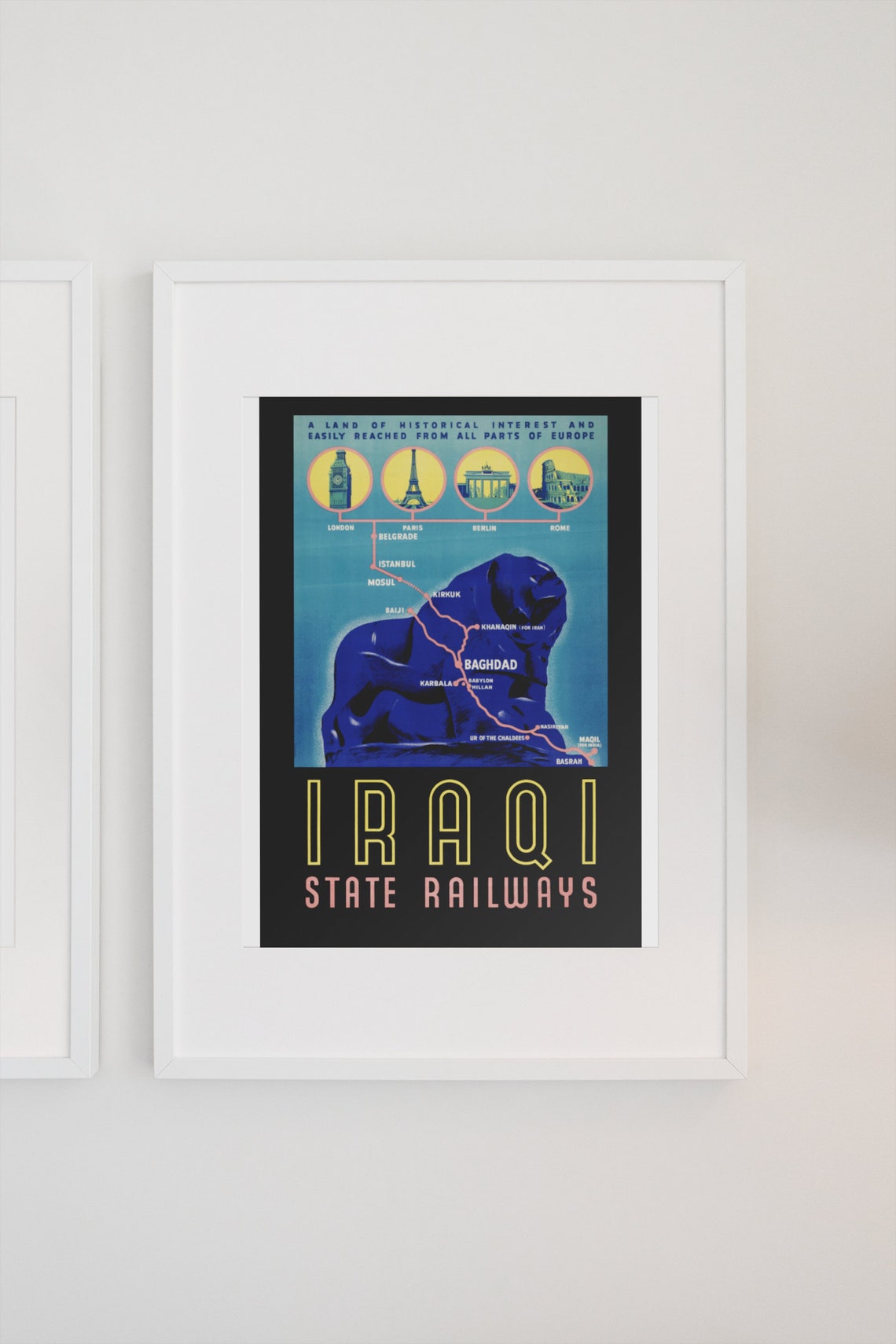 Iraqi State Railways Vintage Travel Poster Blue Lion Rail Map - Image 3